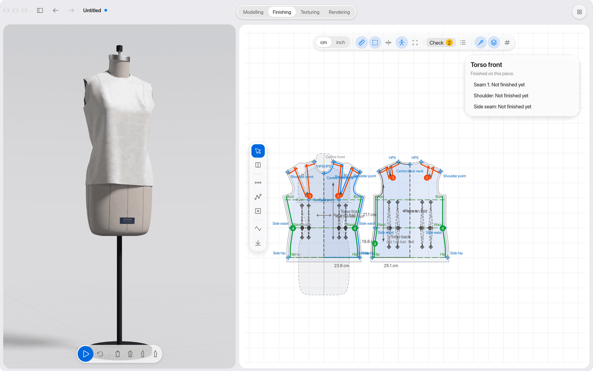 DrapeXD Finishing workspace: topstitching, buttons and zips on the garment