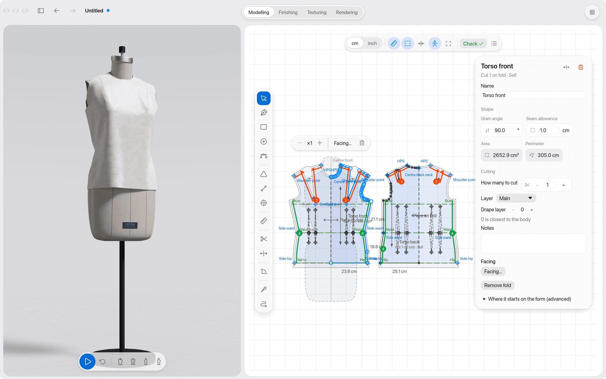 DrapeXD Modelling workspace: a garment draped on the dress form