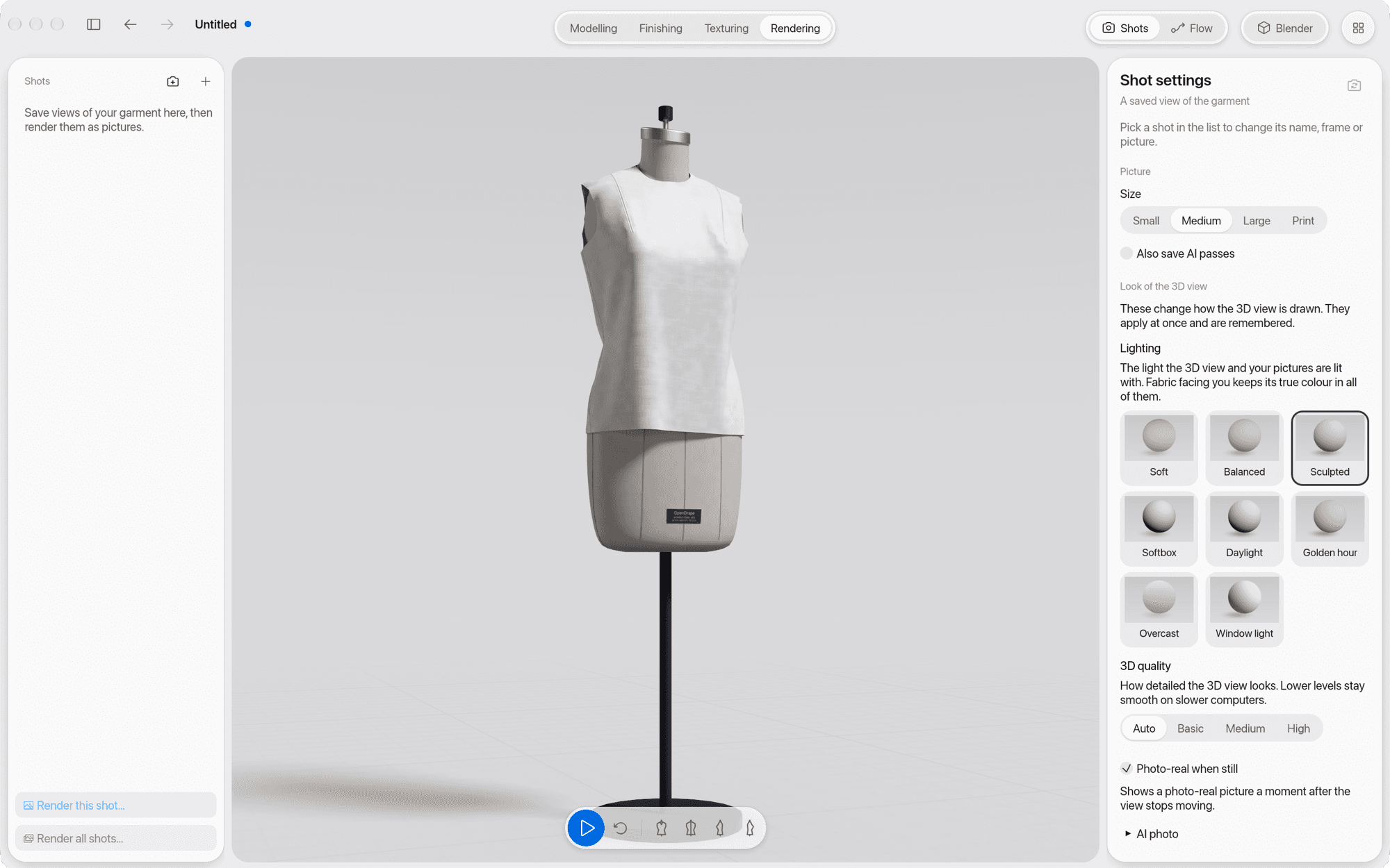 DrapeXD Rendering workspace: a studio render of the garment