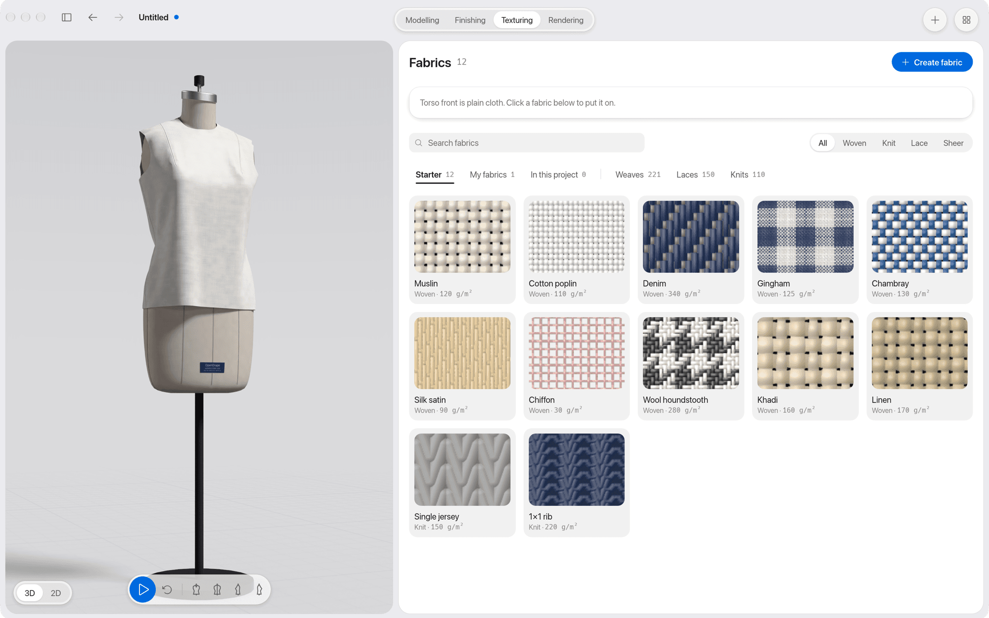DrapeXD Texturing workspace: a fabric built from its weave draft